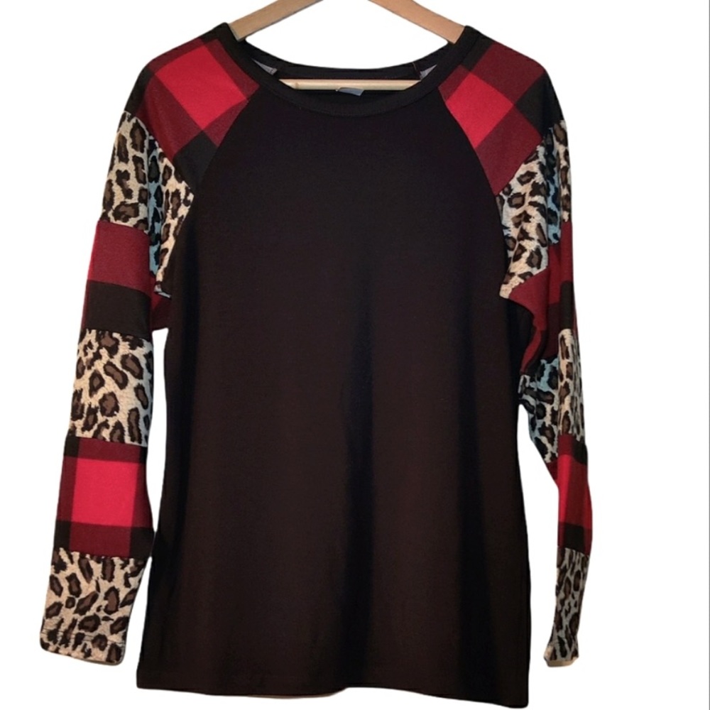 NWT Sunshine & Rodeos Buffalo Plaid Animal Leopard Print Long Sleeve Shirt Top